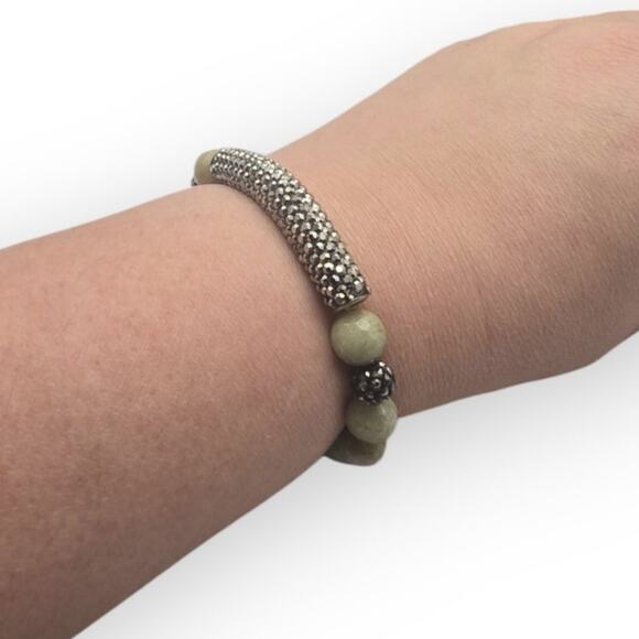 Erimish Earthtone Stone Beaded Stretch Bracelet with Crystal Pave Bar Accent - Picture 1 of 9